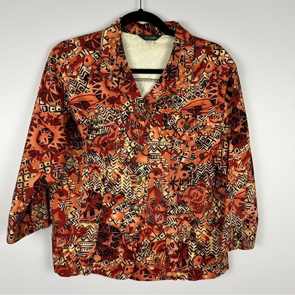 Attitude Artsy Aztec Button Front Embellished Jacket Large Petite Brown Orange - Picture 2 of 12